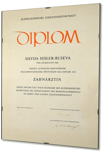 Diplom Schweizerische Eidgenossenschaft Dr. med. dent. Silvia Weisenbach-Sidler